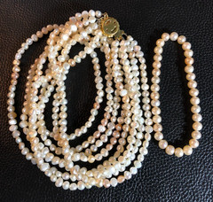 Vintage Peach Cream Cultured Pearl Multi Strand Necklace +Stretch Bracelet P9