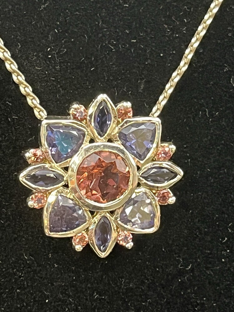 925 Sterling Silver 18” Necklace Flower Pendant Pink & Violet Rhinestones 9.3g