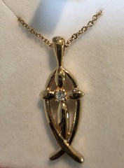 Vintage Avon Gold Tone Costume Rhinestone Cross Fish Pendant H175