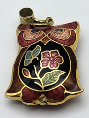 Vintage Yellow Gold Plated Multicolor Cloisonne OWL Pendant 1 In Reversible