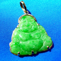 EARTH MINED Green JADE Laughing Budai Pu Tai Vintage Pendant 18K GOLD Good Luck