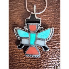Old Zuni Style Sterling Silver Inlay Pendant Necklace & Chain BS 925 Italy
