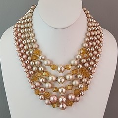 Vintage Faux Pearl Beaded Necklace Cream Pink Acrylic AB Yellow Glass Japan 16″