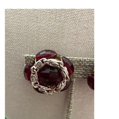 Vintage Ruby Red Faceted Glass Cluster Clip On Earrings Silver Tone Scrollwork