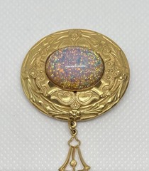 Victorian Revival Czech Foiled Opal Glass Brooch Oval Gold Tone With Dangle