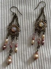 Vintage Boho Earrings Brass-Tone w/Opal-Glass on Alloy Filigree, Pearl+ danglers