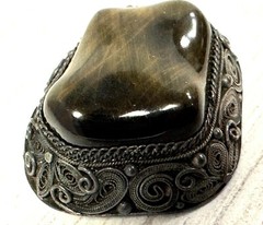 Vintage Large Tiger Eye Gemstone Silver Filigree Bezel Set Brooch