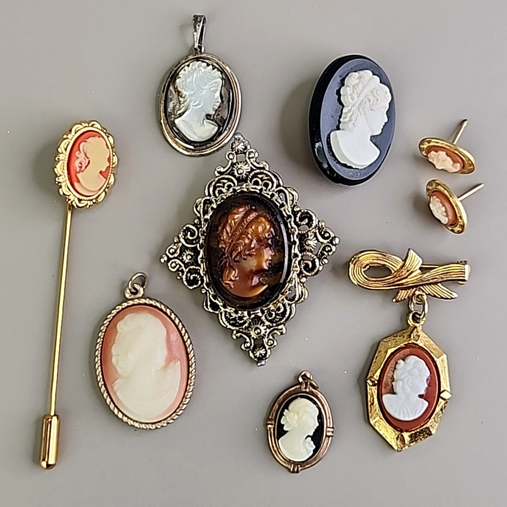 Vintage Cameo Lot of 9 Pendant Stick Pin Brooch Glass Resin MOP