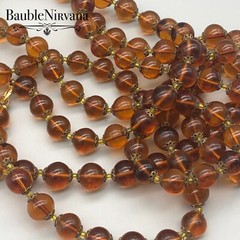 Vintage Dark Golden Amber Brown Glass Cabochon & Brass Long Bead Necklace
