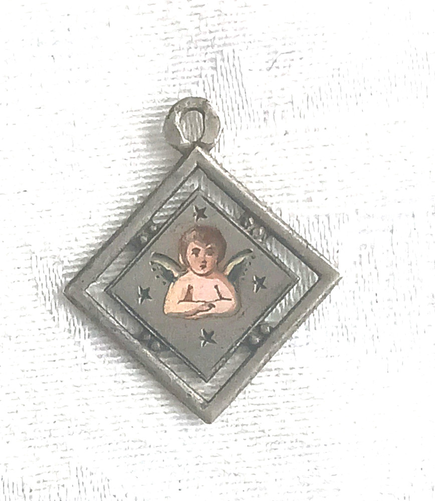 Antique Art Nouveau German Silver Enamel Angel Lucky Charm