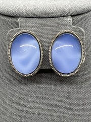 Vintage Blue Oval Clip On Earrings Silver Tone Bezel Cabochon Acrylic Mod Style