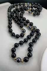 Black Onyx & Hematite Beaded Necklace Polished Gemstone 30″ Gold Tone Accents