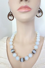 Vintage Light Blue Opaline Glass Bead Necklace Earrings Set Bohemian Deco Style