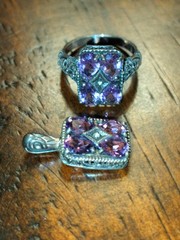 Vintage Art Deco Ring And/Necklace Charm Amethysts W/Center Diamond 925 Silver