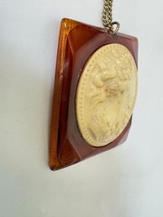 Vinatge Carved Bakelite & Celluloid? Cameo Pendant Necklace