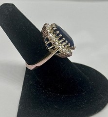 Rose Gold Dark Blue Oval Faceted Stone & Rhinestone Halo Ring Size 7