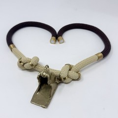 Vintage Boxer Dog Solid Brass Pendant Rope Statement Necklace Magnetic Clasp 26”