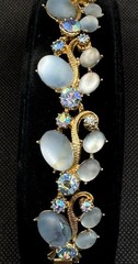 Vintage Blue Moonstone Cabochon Bracelet AB Rhinestones Gold Tone Mid Century