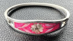 Vintage Silver Cuff Bracelet Alpaca Mexico Pink Floral Hinged Inlay