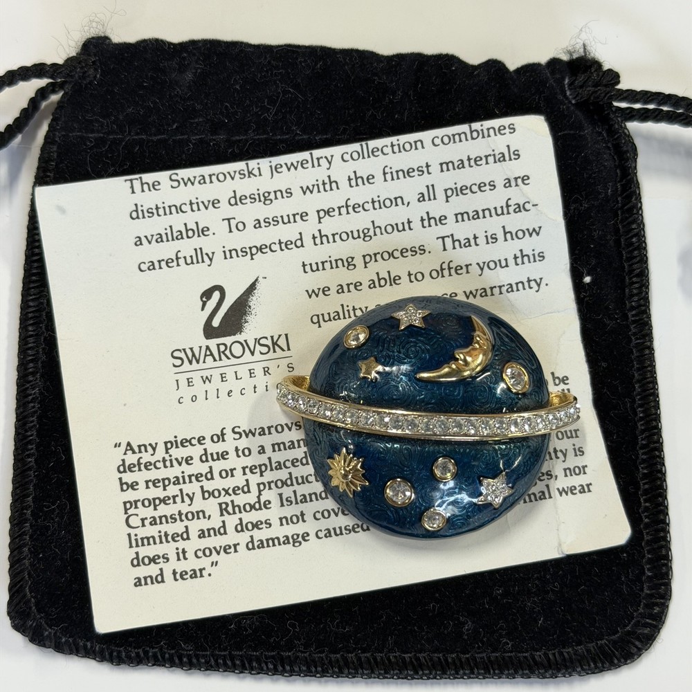 Swarovski Celestial Moon & Stars Blue Enamel, Signed Crystal Dome Brooch Pin.