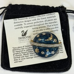 Swarovski Celestial Moon & Stars Blue Enamel, Signed Crystal Dome Brooch Pin.