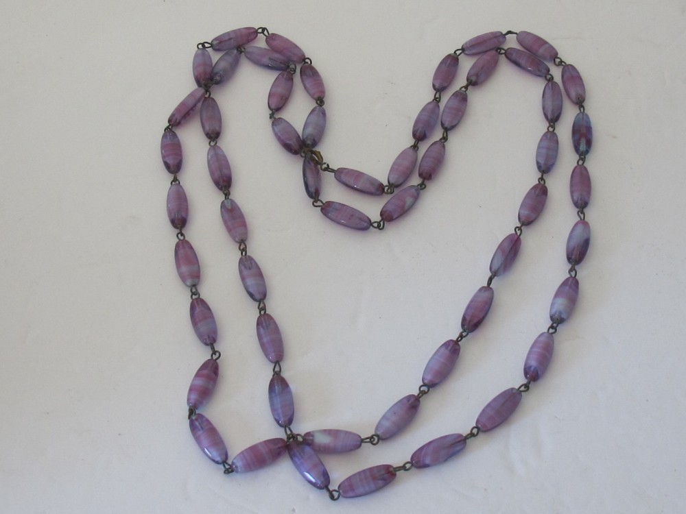 Vintage Antique Czech Agate Glass Bead LONG 54″ Necklace Flapper Purple Swirl C7