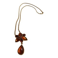 Flower Brooch Pendant Fashion Necklace Red Amber Teardrop 30″ Goldtone Chain