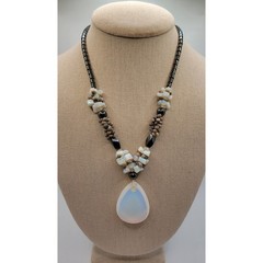 Moonstone Hematite Necklace Faux Opalite Pendant Tiny Shells Seed Bead Vintage