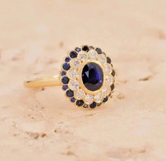 Art Deco Style Oval Cut Sapphire &Lab Created Diamond14K Gold FN Engagement Ring