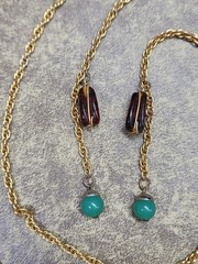 VTG Long Gold Tone Faux Agate & Chrysophase Beads Convertable Lariat Necklace
