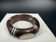 Vintage India Wood Silver Tone Bangle Bracelet Chunky Tribal Boho Statement 8″