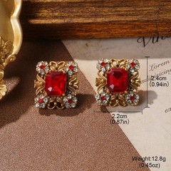 Vintage Red Crystal Square Earrings – Baroque Gold Rhinestone Studs Gift for her