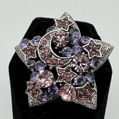 Stars Crescent Moon Purple Rhinestone Silvertone Brooch Pin