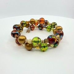 Vintage Gold Tone Lampwork Art Glass Beaded Coil Wrap Bracelet Chunky Boho 90s