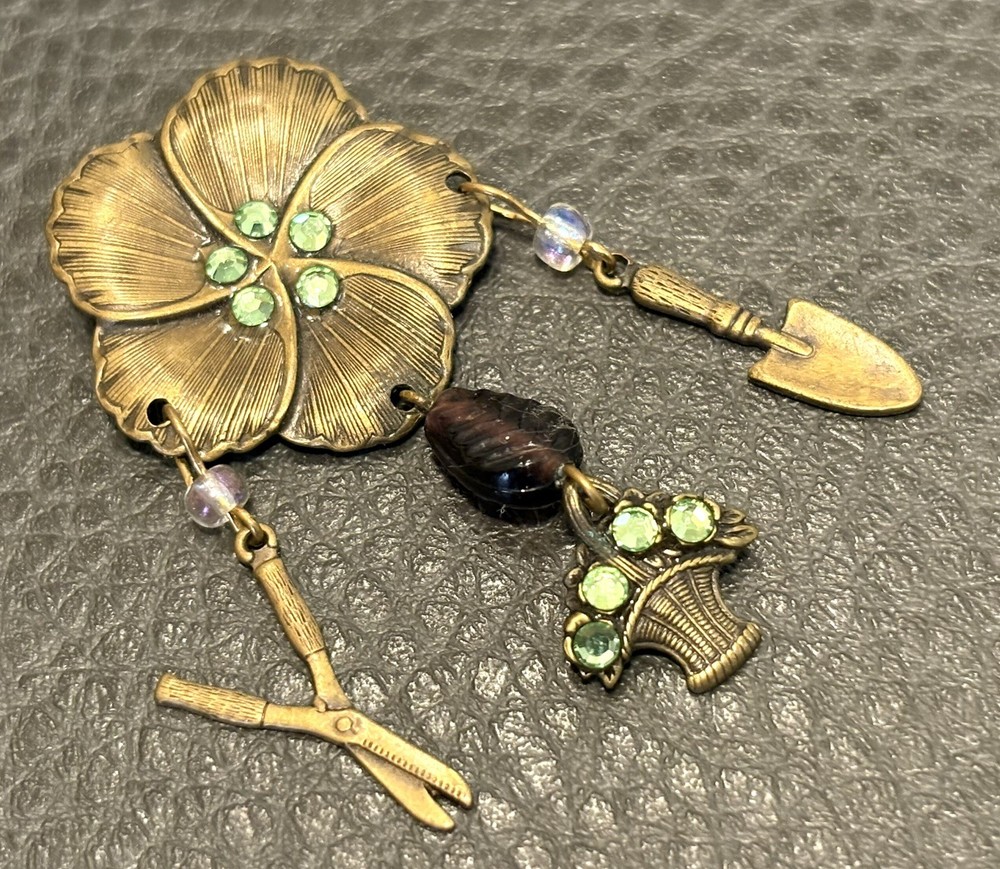 Vintage Pansy Brooch Garden Tools Dangle Flower Basket Gold Tone Rhinestones
