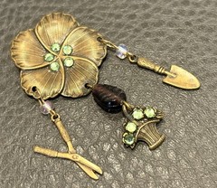 Vintage Pansy Brooch Garden Tools Dangle Flower Basket Gold Tone Rhinestones