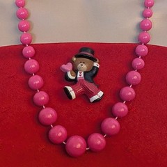 1986 Hallmark Bear Heart Pin + Pink Beaded Necklace Valentine Day Jewelry Bundle