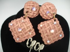 vtg. JEFF LIEB clip on dangle jeweled weave pattern earring set pink multicolor