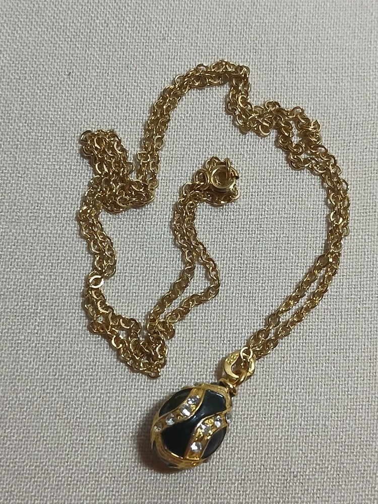 Vintage Edgar Berebi Rhinestone Enamel Gold Tone Egg Pendant Necklace
