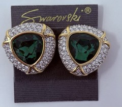 Vintage Swarovski SAL Emerald Green Crystal Pavé Clip Earrings Signed on Card