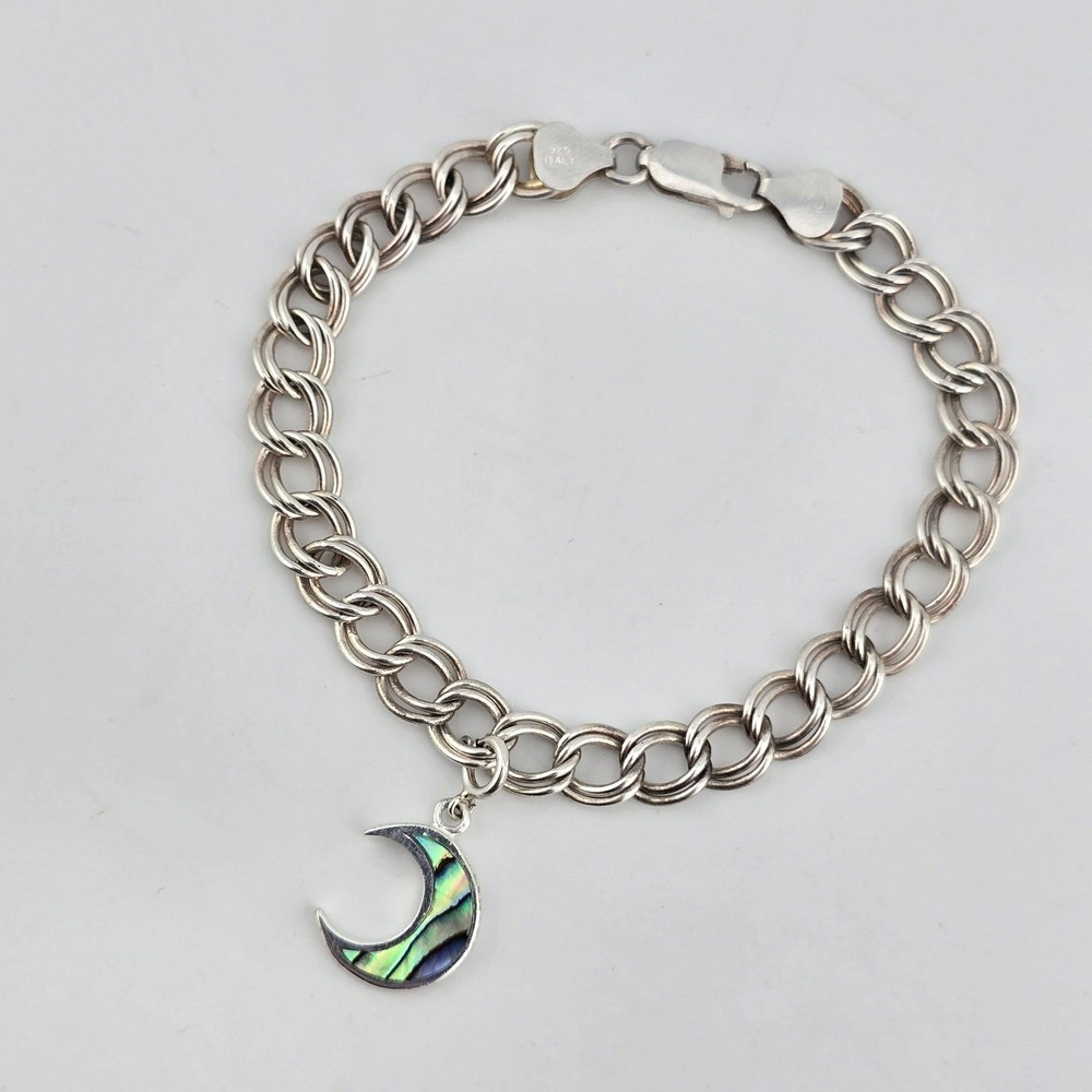 Sterling Silver 925 Italy Charm Bracelet w Abalone Moon Charm Size 7.75