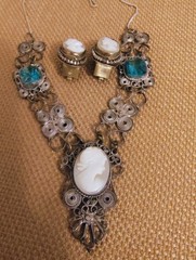 Vintage Cameo Blue Glass Silver Necklace 22″ and Italian earrings marked GM