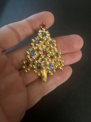 VINTAGE EISENBERG Gold Plated Red Blue Green Christmas Tree Brooch Pin 1950’s
