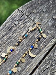 Vintage 70s Starlight Necklace Glass Beaded Celestial Stars Moon Long Brass