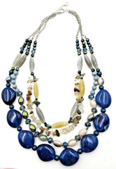 VTG MODERN 22″ SIGNED V UNUSUAL HEAVY blue Silver tone clear GEOMETRIC Necklace