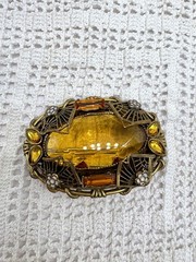 Vintage Turn Of Century Czech Topaz Rhinestone Enamel Brass Filigree Brooch