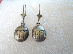 VINTAGE STERLING SILVER EGYPTIAN HEIROGLYPHICS SCARAB BEETLE DANGLE EARRINGS