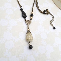 Victorian Reproduction Hand Necklace, Cream Black Gold Acrylic Metal Jewelry