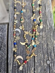 Vintage 70s Starlight Necklace Glass Beaded Celestial Stars Moon Long Brass