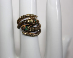 Vintage Signed STERLING ESPO Gold Tone Rhinestone Eye Double Snake Ring Sz 5.5
